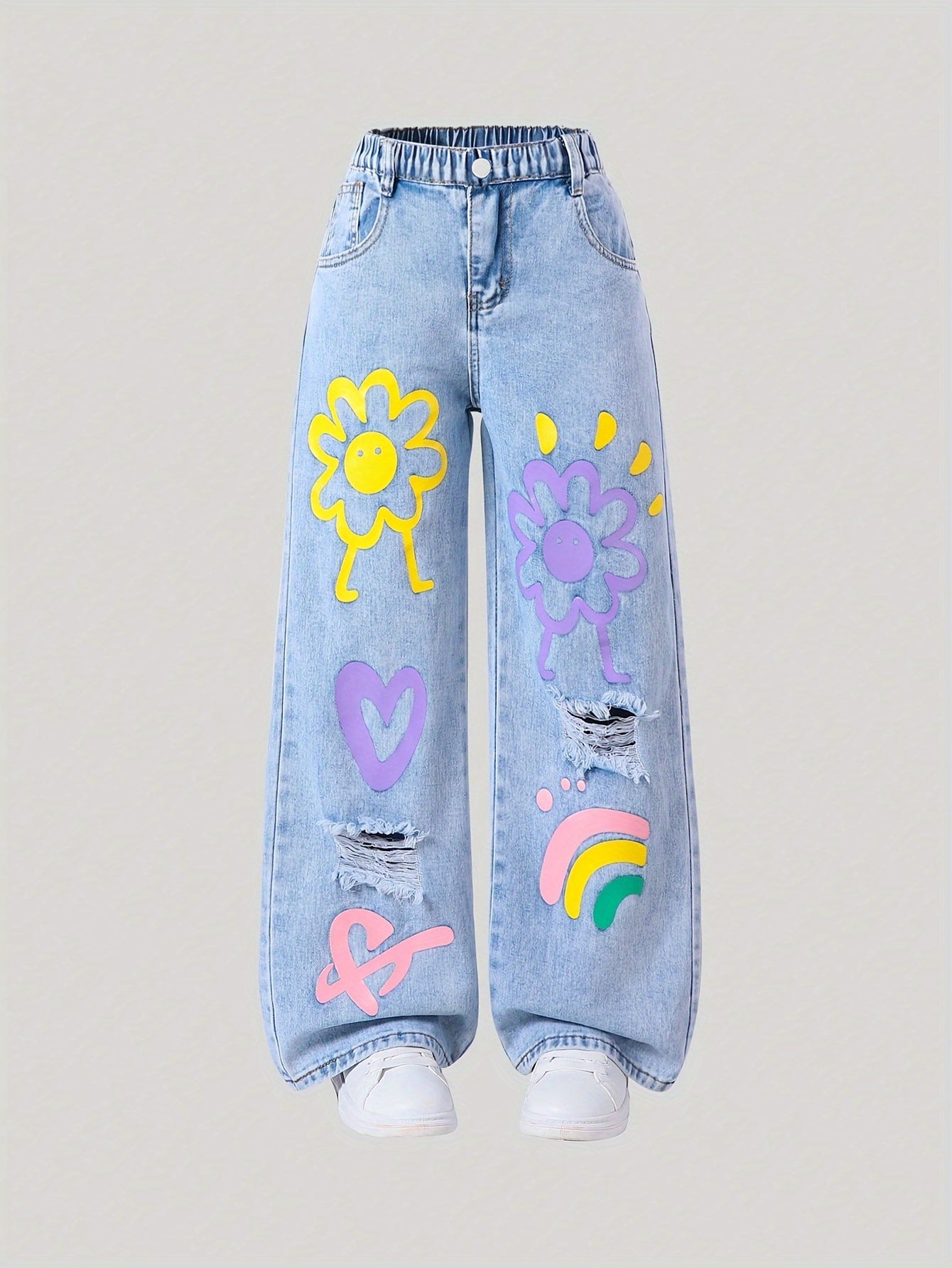Girls' Y2K Straight Leg Jeans with Heart and Flower Designs Elastic Waist Non-Stretch Denim