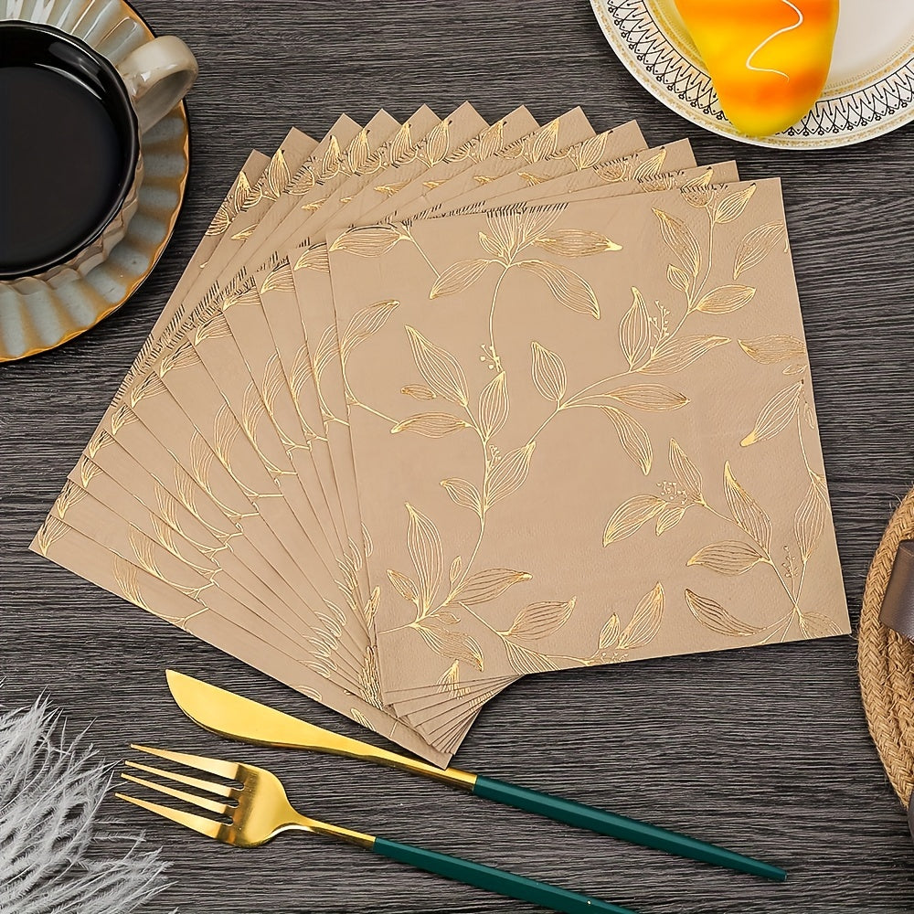 20 Golden Leaf Disposable Napkins 2-Ply Square 33cm for Parties Dinners Restaurants