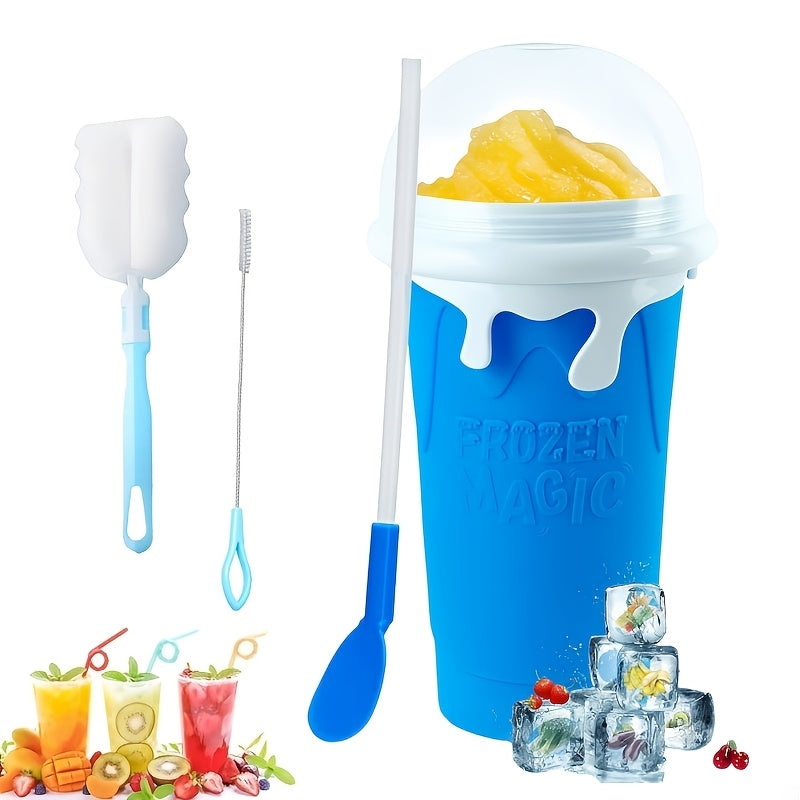 1 dona Silikon Slushy Cup Maker bilan qopqoq, quvur va cho'tkalar bilan - 16.91oz Ikki qatlamli tez muzlatish uchun siqish kubogi - dumaloq shakl, Oila va do'stlar uchun ideal sovg'a, yozgi ichimliklar uchun