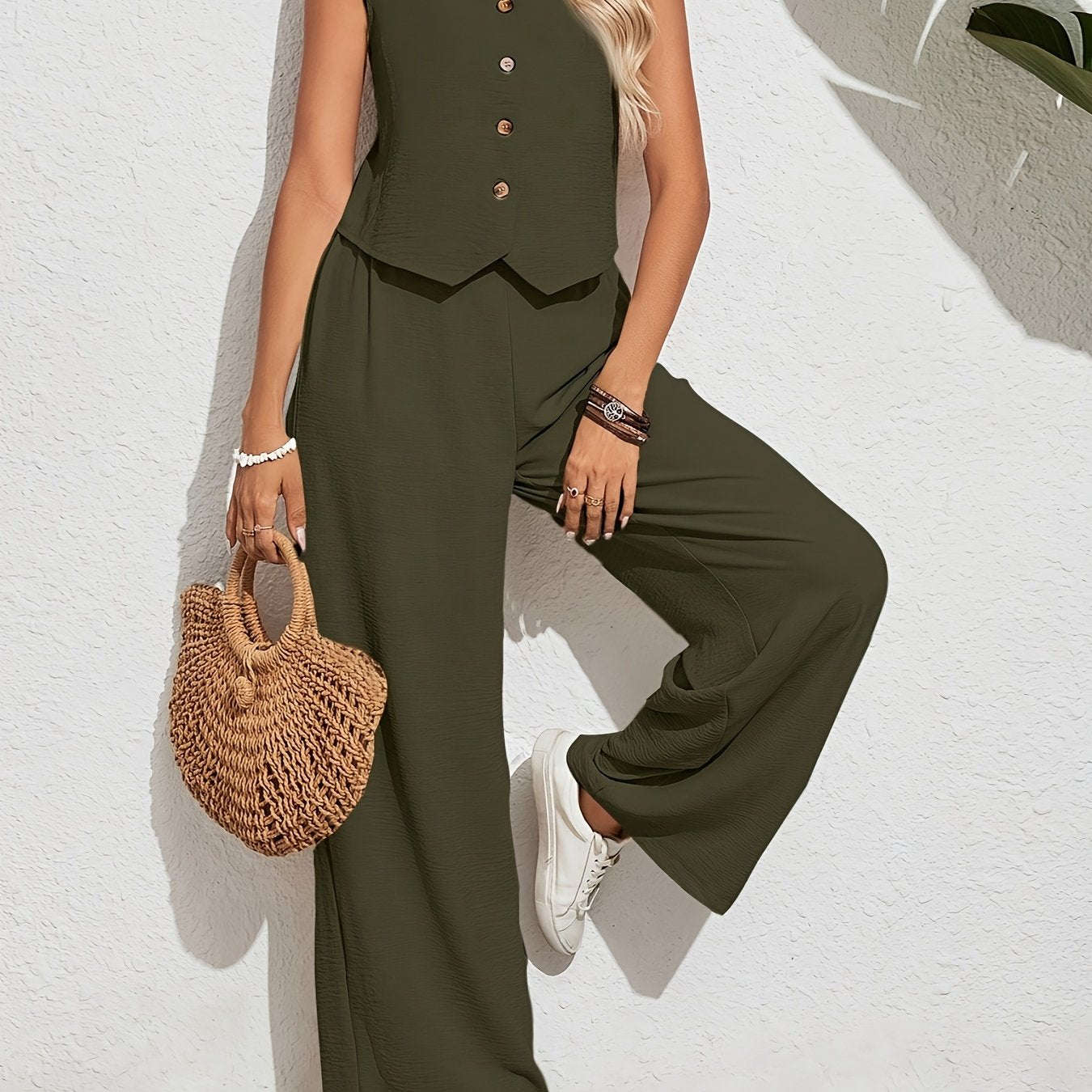 Women's Casual Suit with Button-Front V-Neck Vest and Elastic Waist Pants Lightweight Polyester Spring Summer