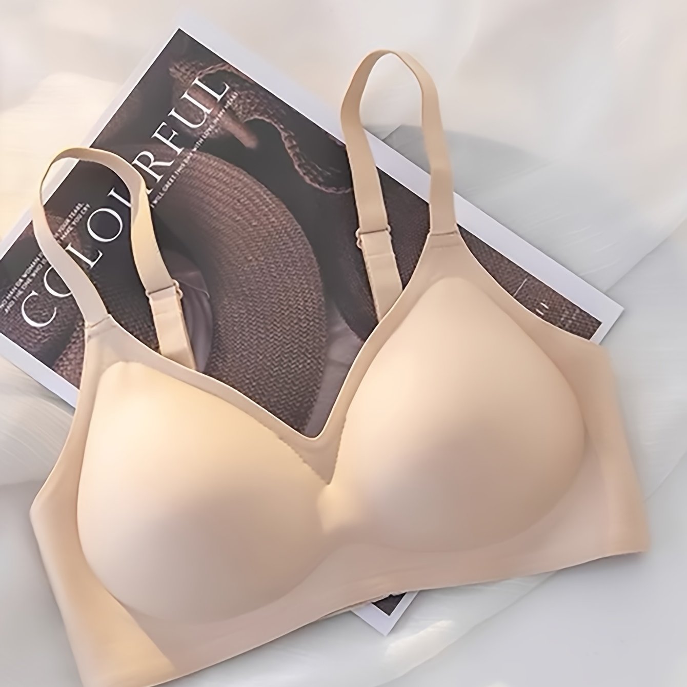 Women's Seamless Push-Up Bra with Support Cups Beige Adjustable Straps