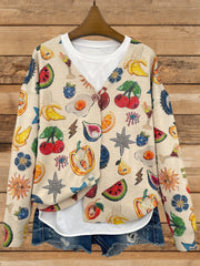 Plus Size Womens Fruit Print V-Neck Cardigan Long Sleeve Sweater Fall Winter Beige