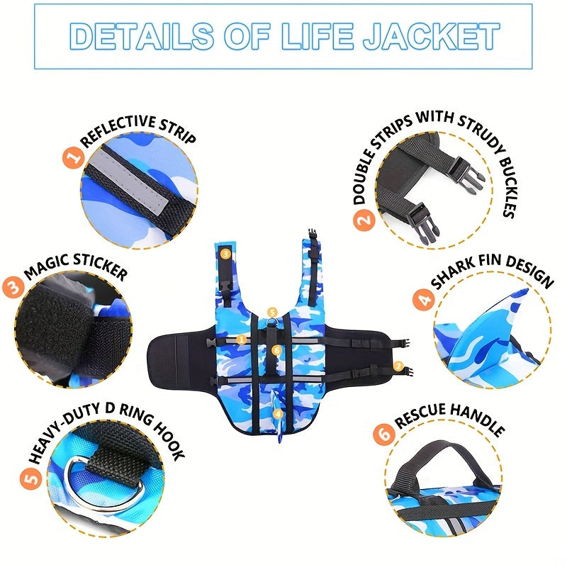 Lightweight Adjustable Dog Life Vest with Rescue Handle and Shark Design for Surfing and Beach Activities