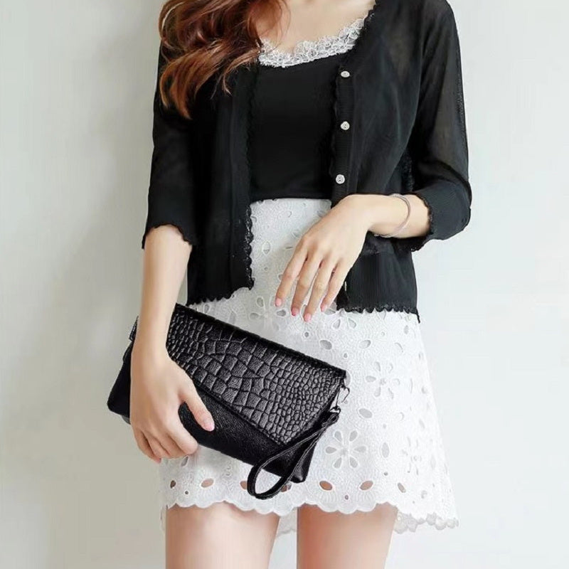 Women's Crocodile Pattern Crossbody Bag and Clutch with Phone Wallet Black PU Urban Style