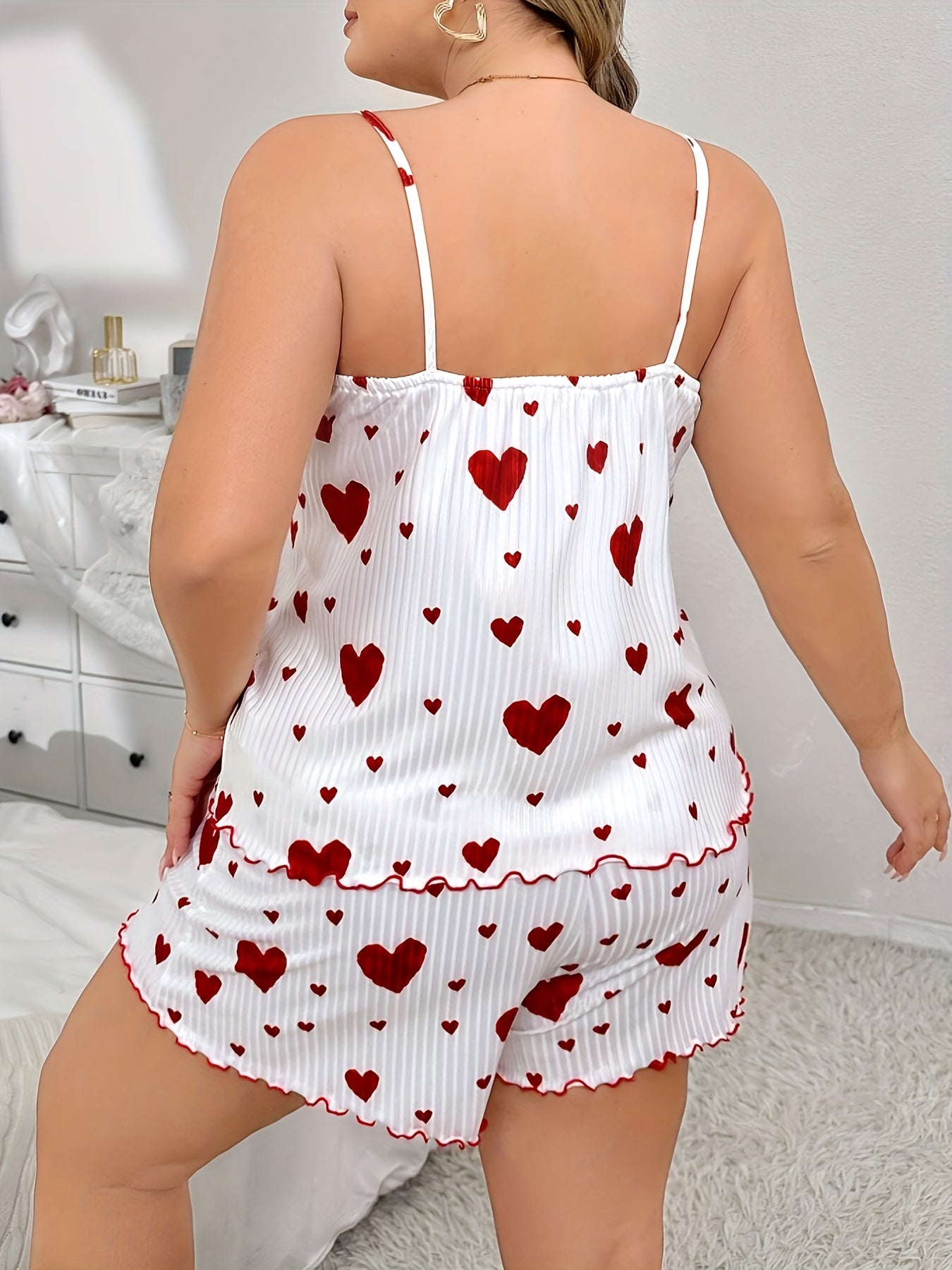 Plus-Size Women's Heart Print Bow Tie and Shorts Sleepwear Set
