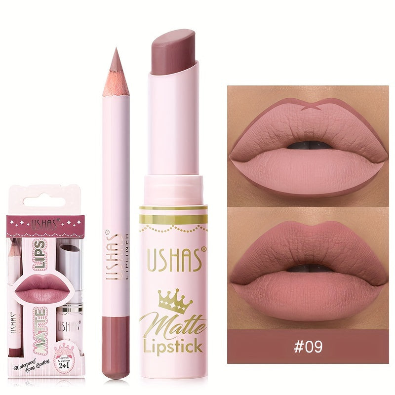 Set de lápiz labial mate y perfilador de labios para mujer, a prueba de agua, tono nude, con alto pigmento
