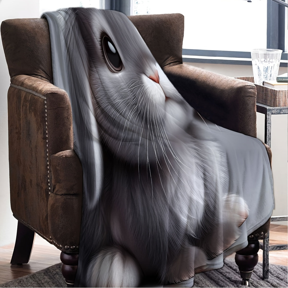 Gray Plush Rabbit Blanket Soft 3D Cartoon Cuddle Throw for Couch Bed Car