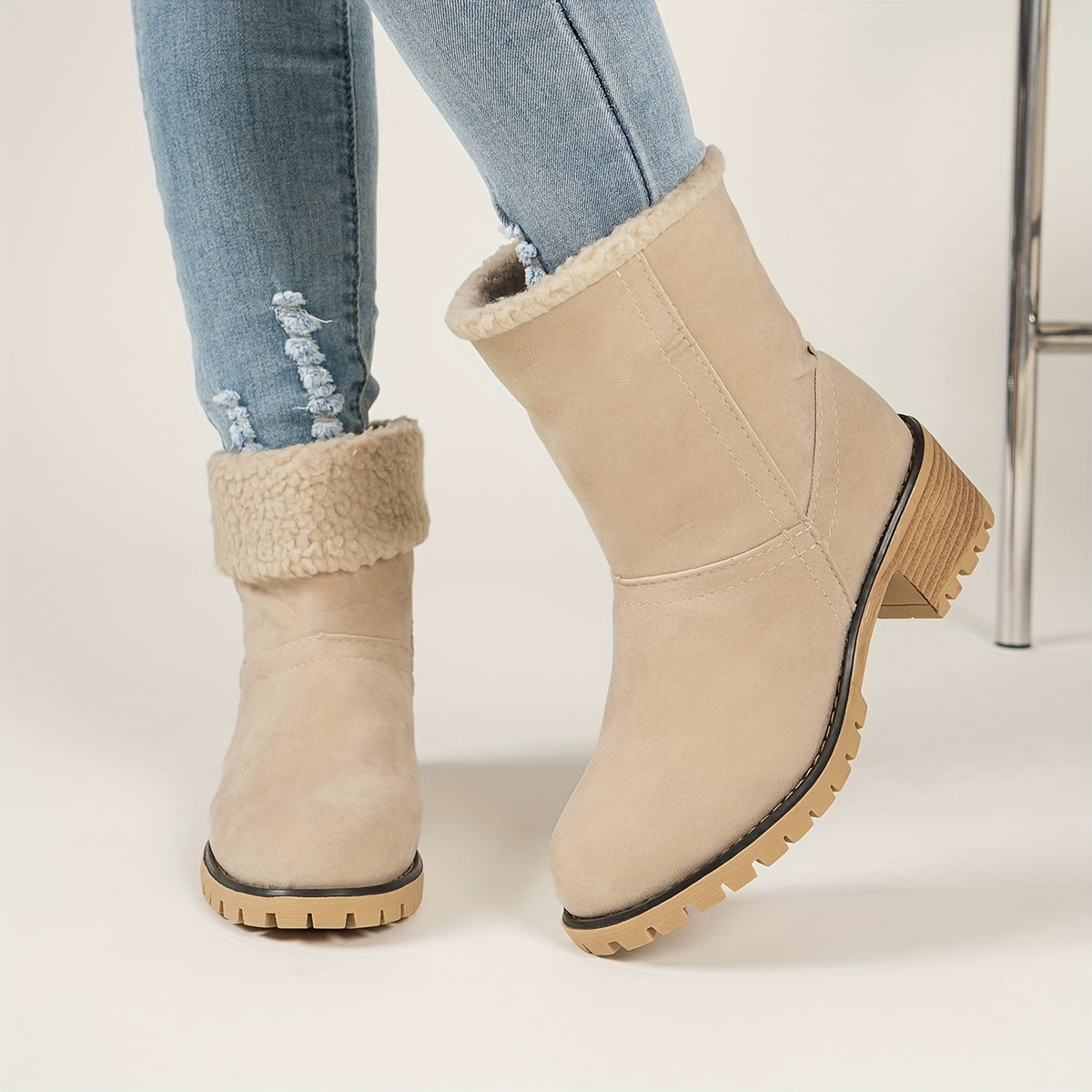 Women's Slip-On Casual Ankle Boots Nude Chunky Heeled Winter Warm Short Boots