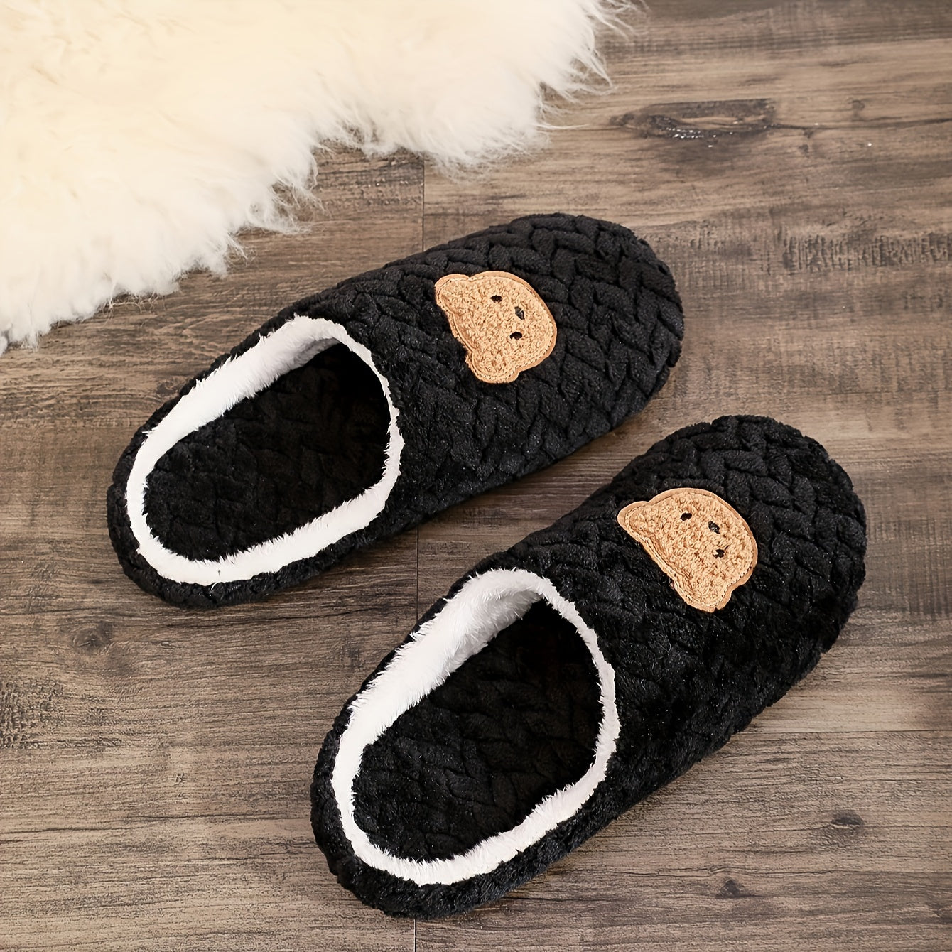 Men's Indoor Slippers with Bear Design Soft Fabric Warm Fuzzy Lining Lightweight Black White