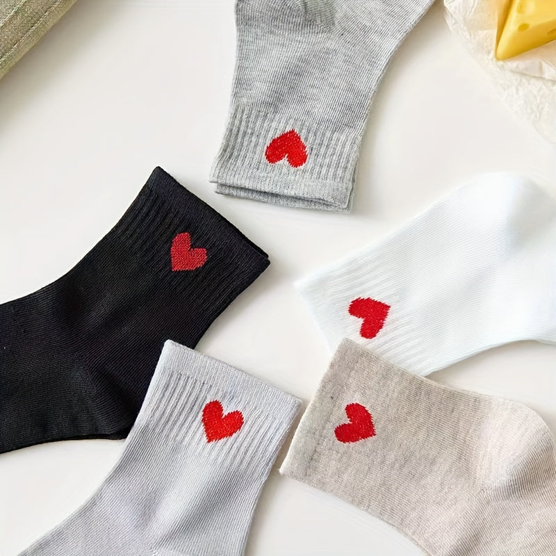 Women's Mid-Tube Socks 5 Pairs Heart Pattern Rib Knit Polyester Comfortable
