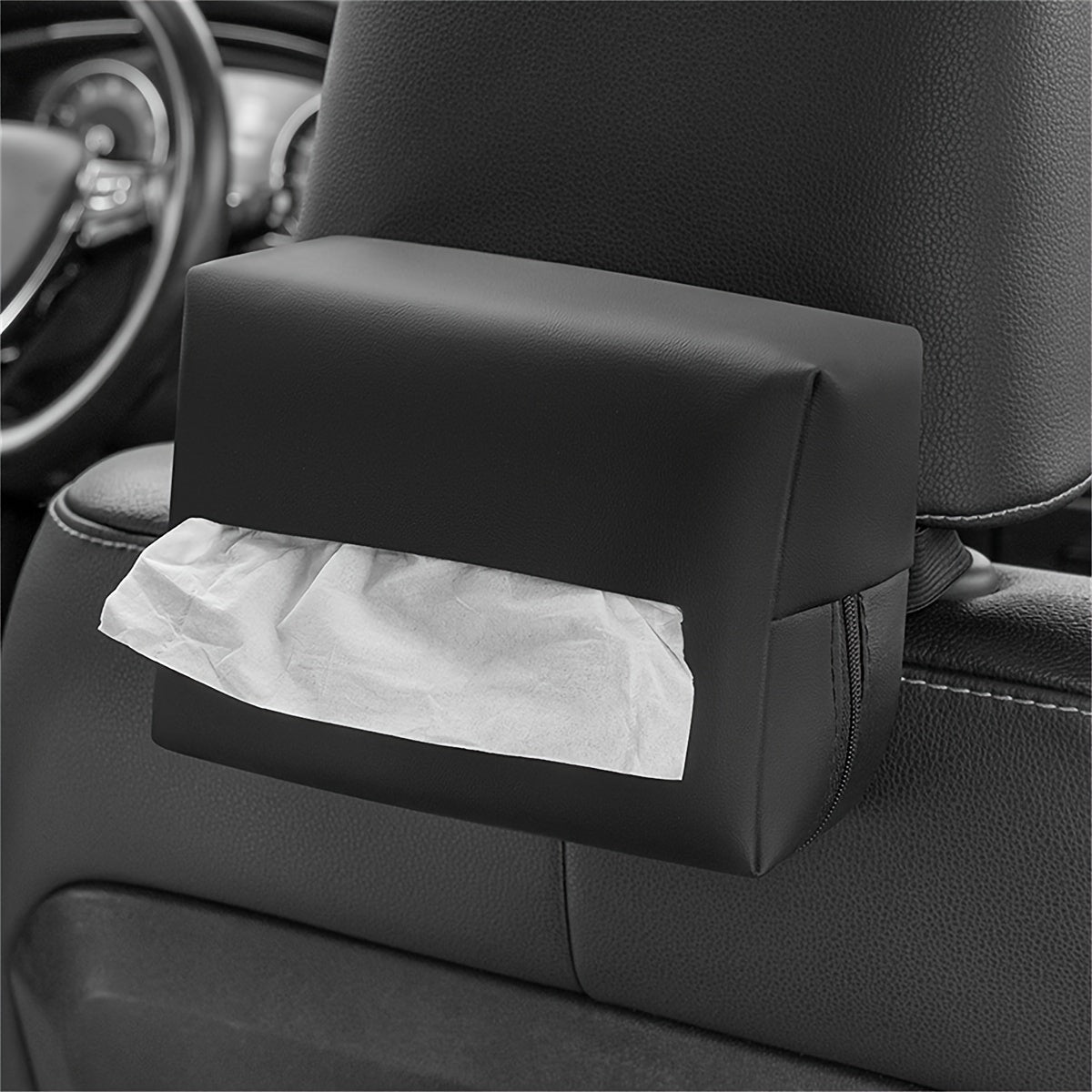 Car Tissue Holder PU Leather Armrest and Headrest Mount Black Organizer
