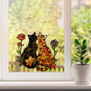 Decorative Stained Glass Window Sticker Black and Orange Cat Flowers 20cm