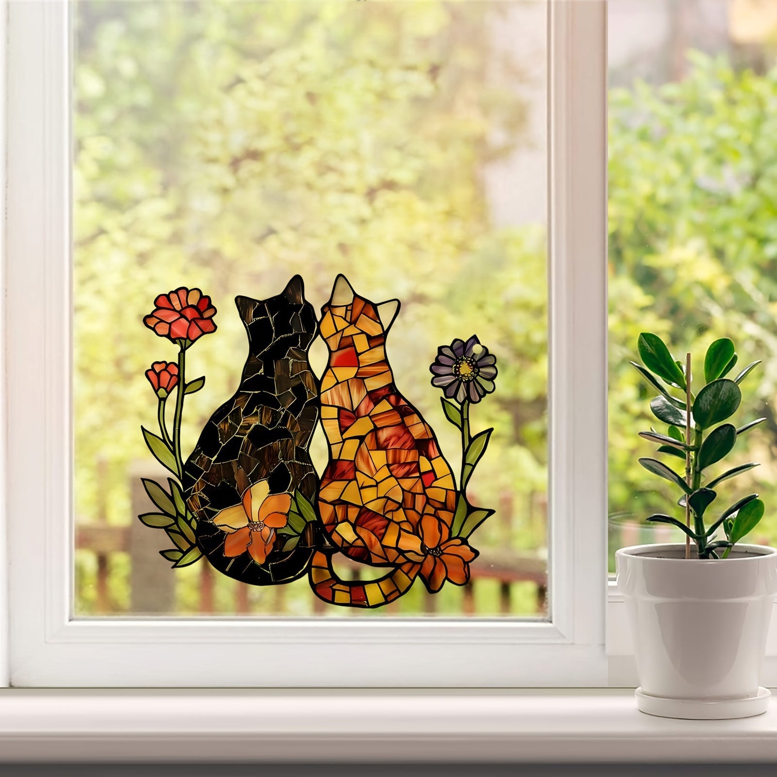 Decorative Stained Glass Window Sticker Black and Orange Cat Flowers 20cm