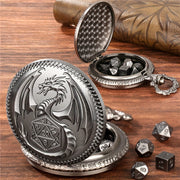 Vintage Dragon Alloy Pocket Watch with Chain and 7-Piece Dice Set for Role-Playing Games