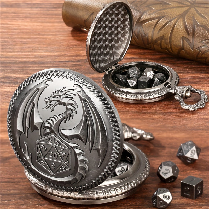Vintage Dragon Alloy Pocket Watch with Chain and 7-Piece Dice Set for Role-Playing Games