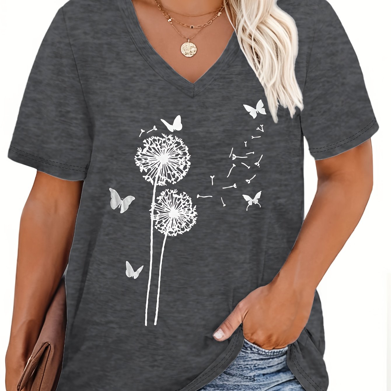 Women's Dandelion Flower Print T-Shirt Large Size Casual Cotton Tee