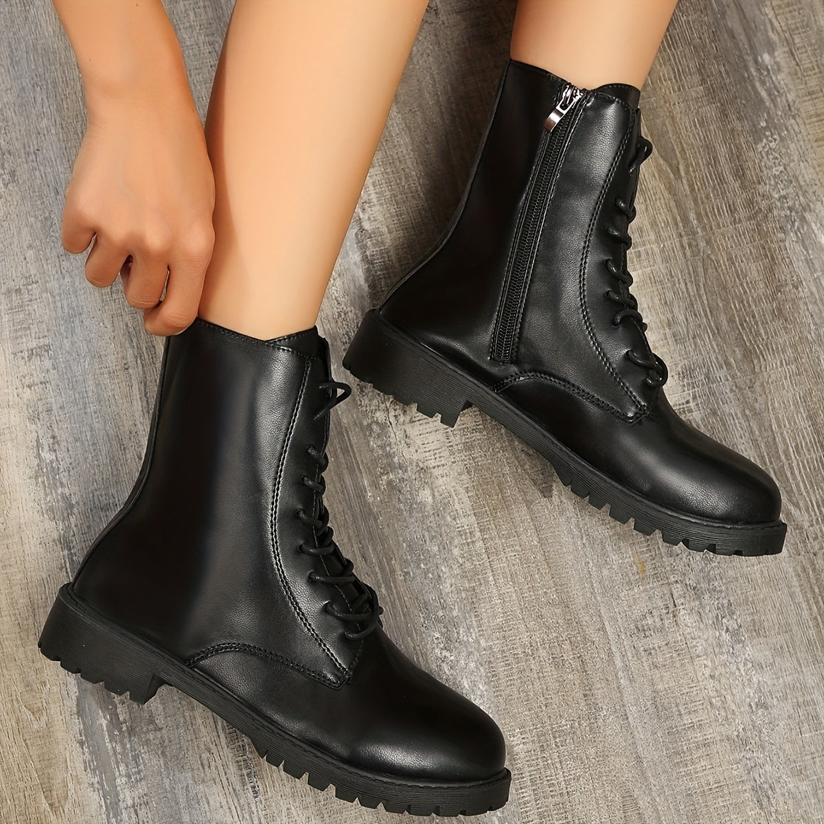 Women's Solid Color Platform Boots with Side Zipper and Round Toe