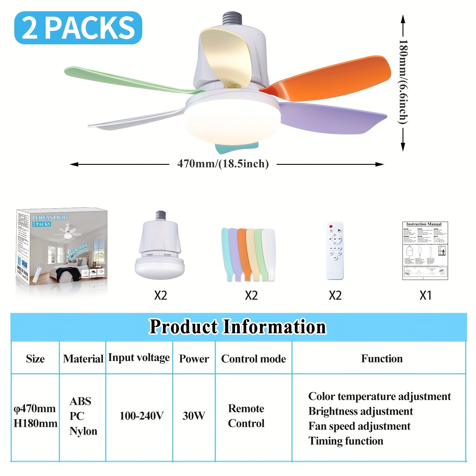 2pcs Socket Fan Light with Remote Control E26 E27 Dimmable LED for Bedroom