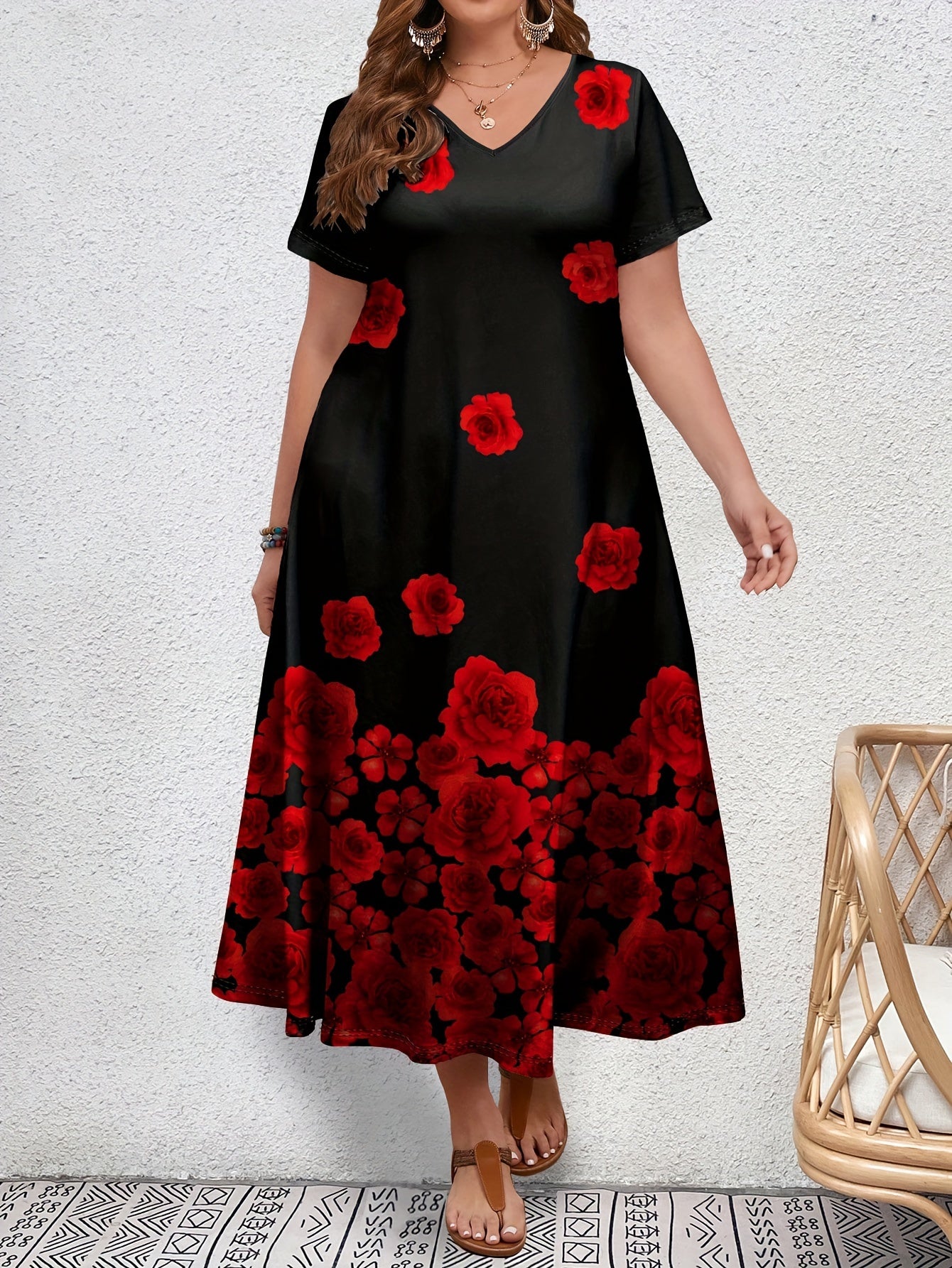 Women's Blue Floral V-Neck Midi Dress with Short Sleeves and Rose Print