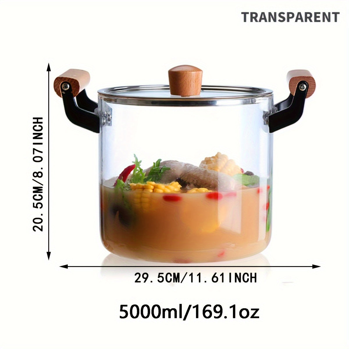 Glass Soup Pot with Lid and Wooden Handles for Cooking Pasta Soup and Juice