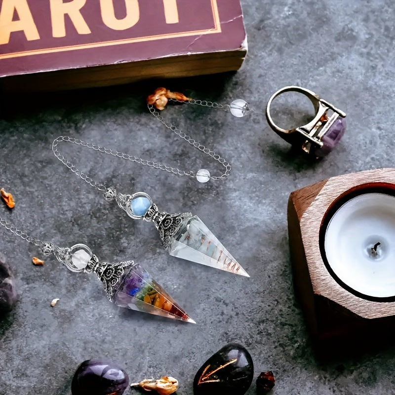 7 Chakra Crystal Stone Pendant with Faceted Life Tree Design for Divination and Wizardry