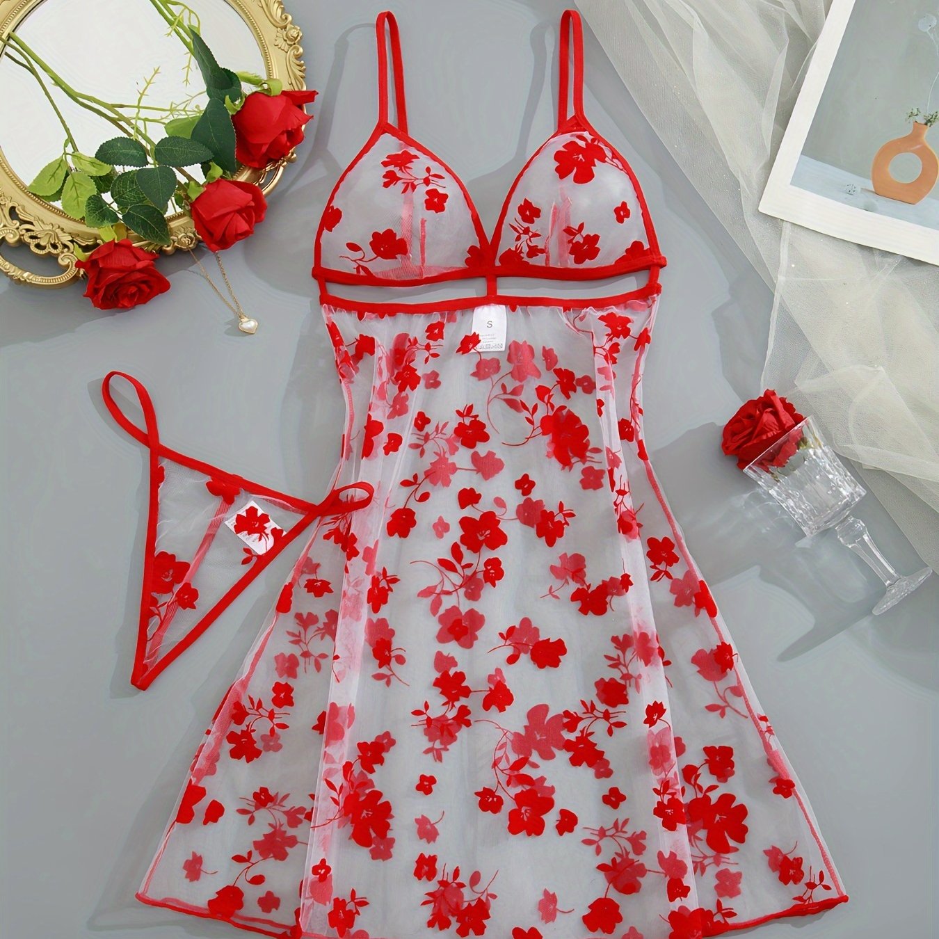 Black Floral Print Sheer Bodysuit with Thong Panties Lingerie