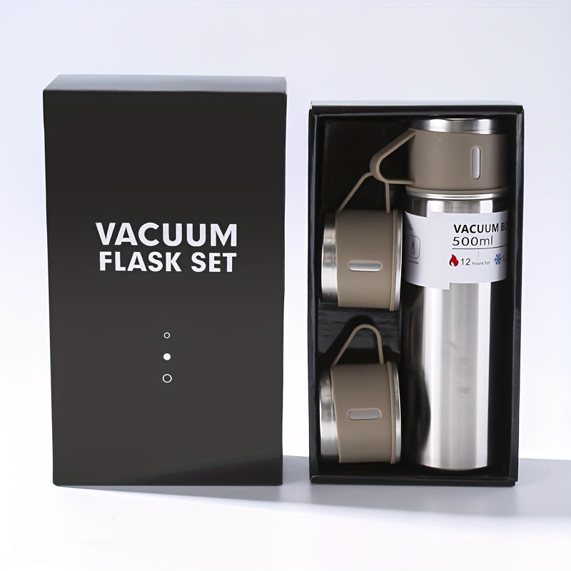 Naychali po'latdan yasalgan vakuum termos to'plami, ichki piyola bilan, oqmaslik dizayni, harakatda issiq va sovuq ichimliklar uchun ideal.