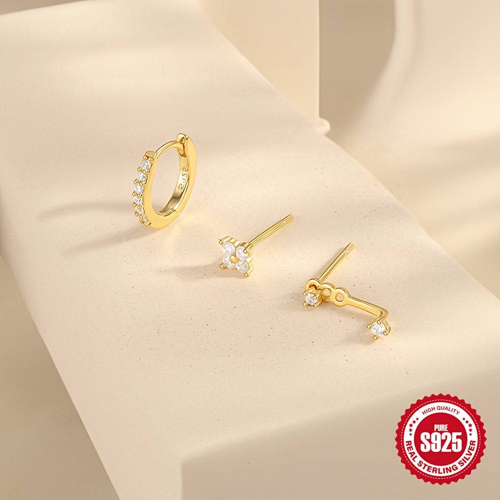 Set of 3 Sterling Silver Stud Earrings with Synthetic Zirconia April Birthstone for All-Season Wear