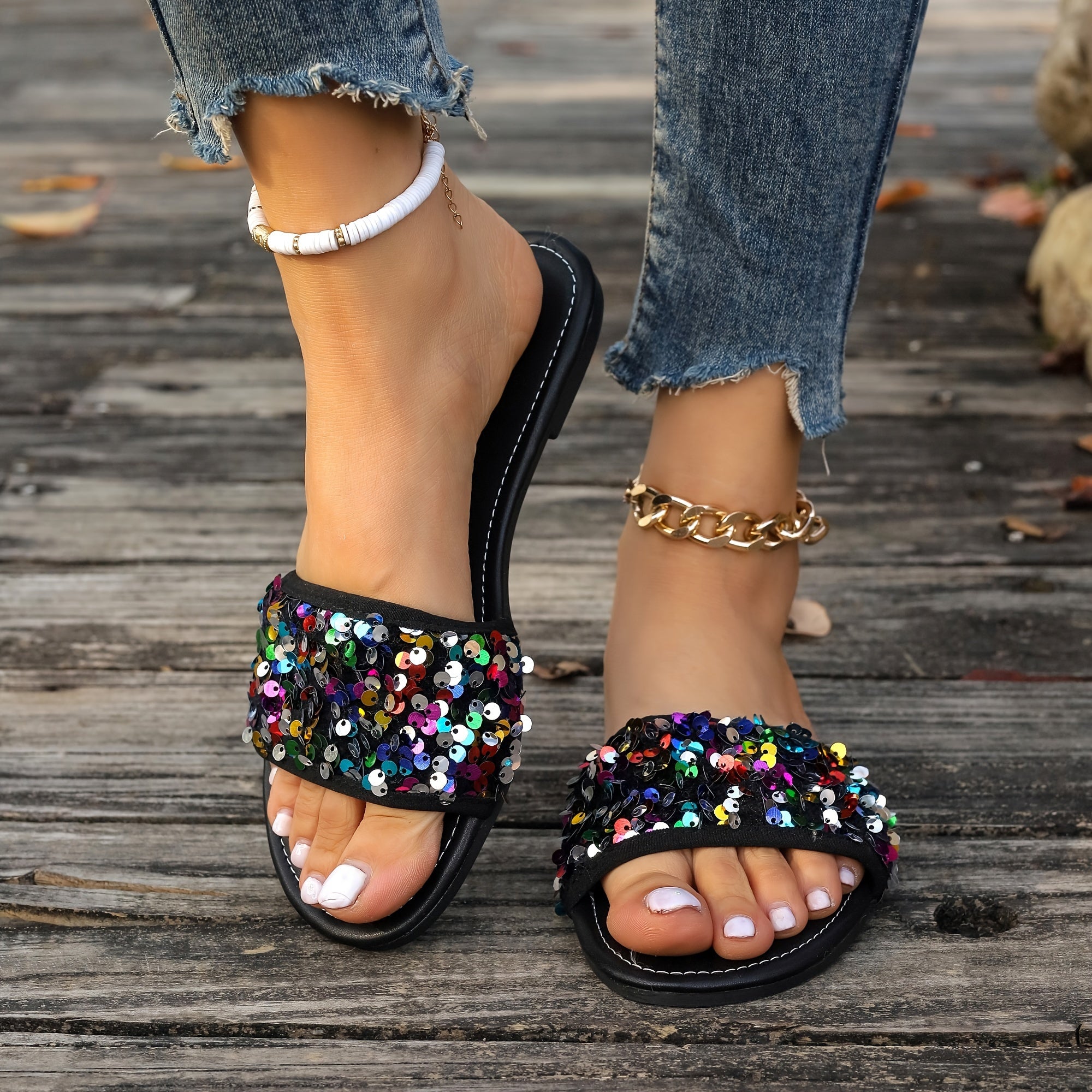 Women's Sparkling Flat Comfortable Slippers for Indoor Use