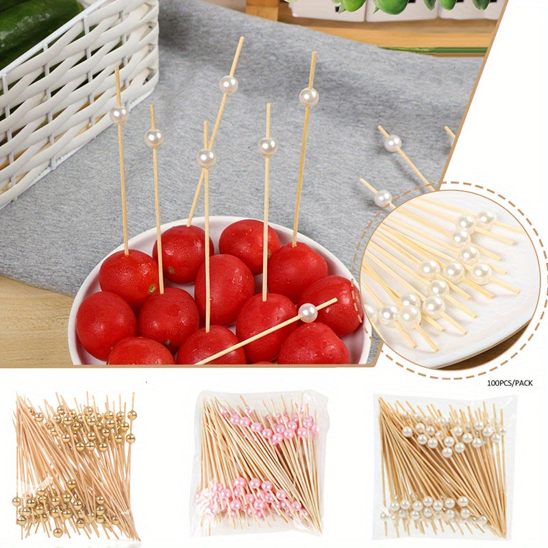 Set of 100 Pearl Bamboo Toothpicks for Weddings and Parties