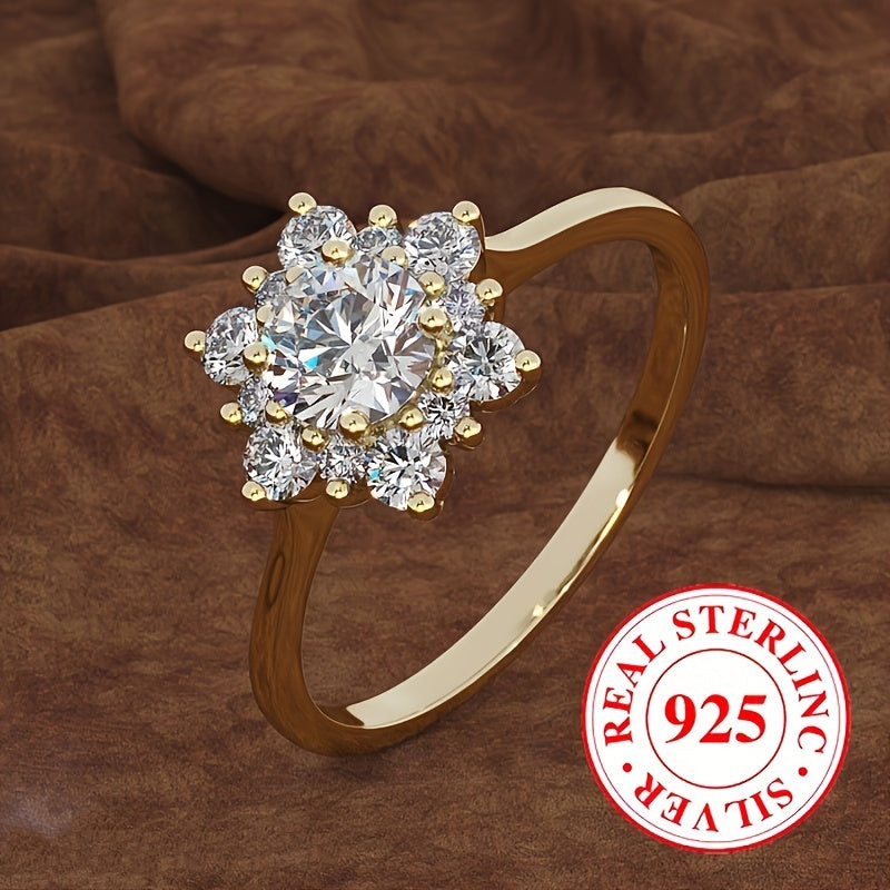 Sterling Silver Flower Cluster Ring with Cubic Zirconia Snowflake Band Wedding Jewelry