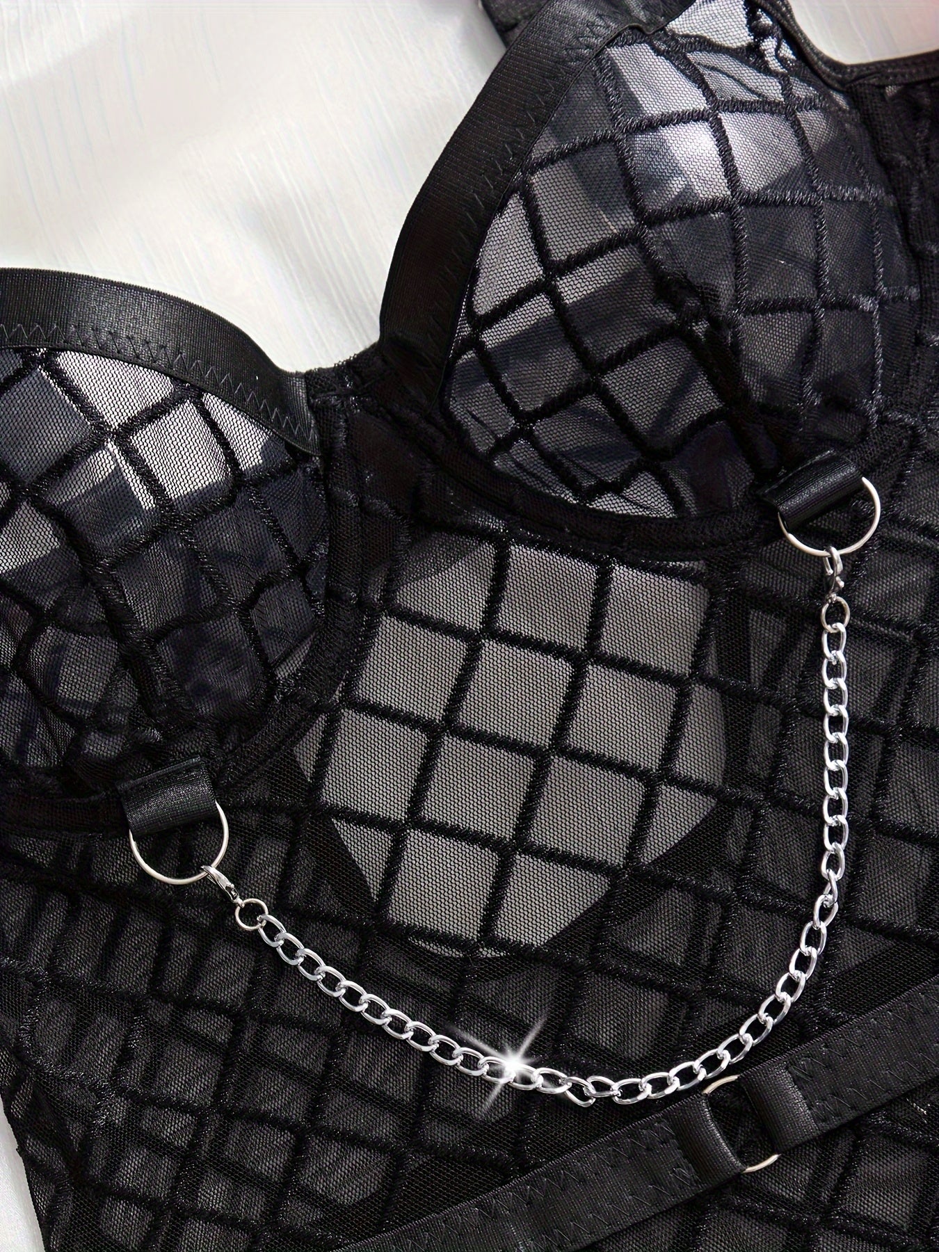 Women's Red Plaid Corset with Chain Details and Lace Trim with Mesh Bodysuit