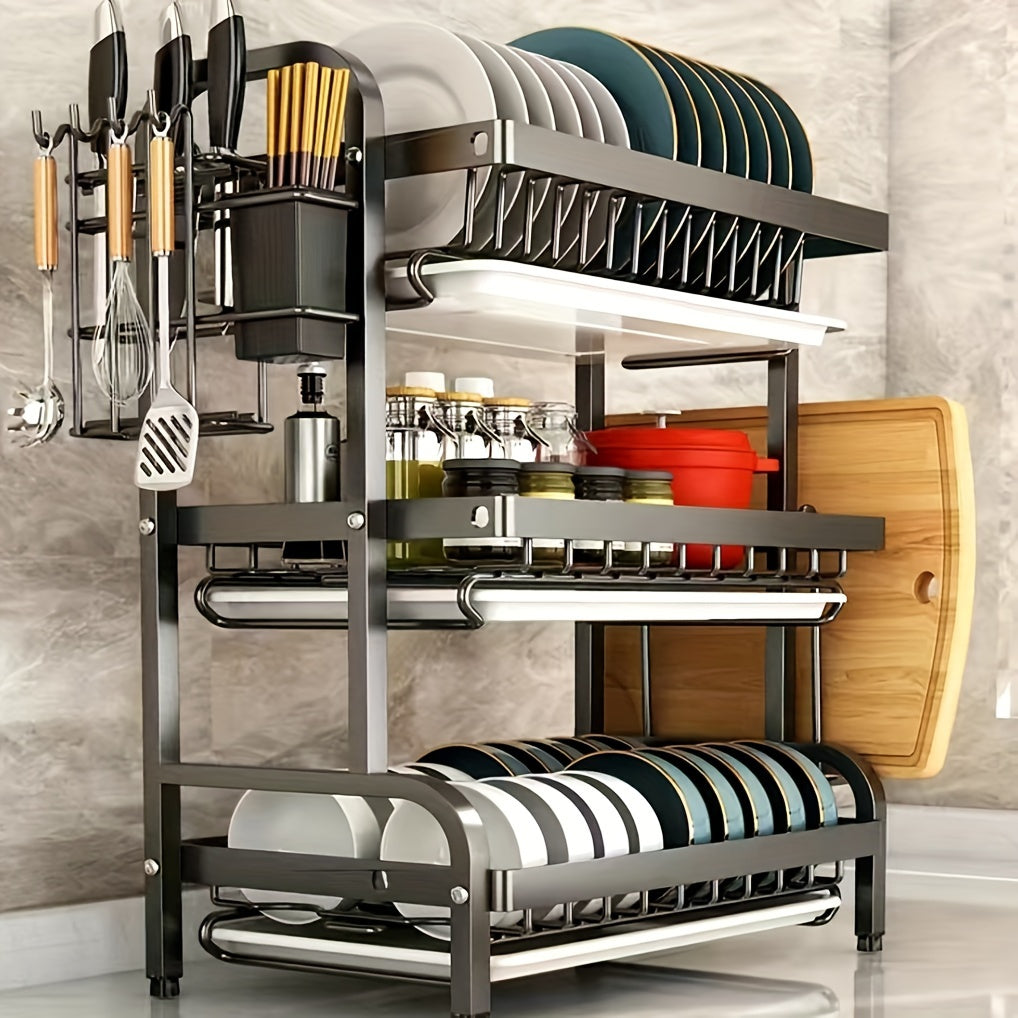 Carbon Steel Three-Layer Kitchen Storage Rack with Dry Wet Separation and Drainage