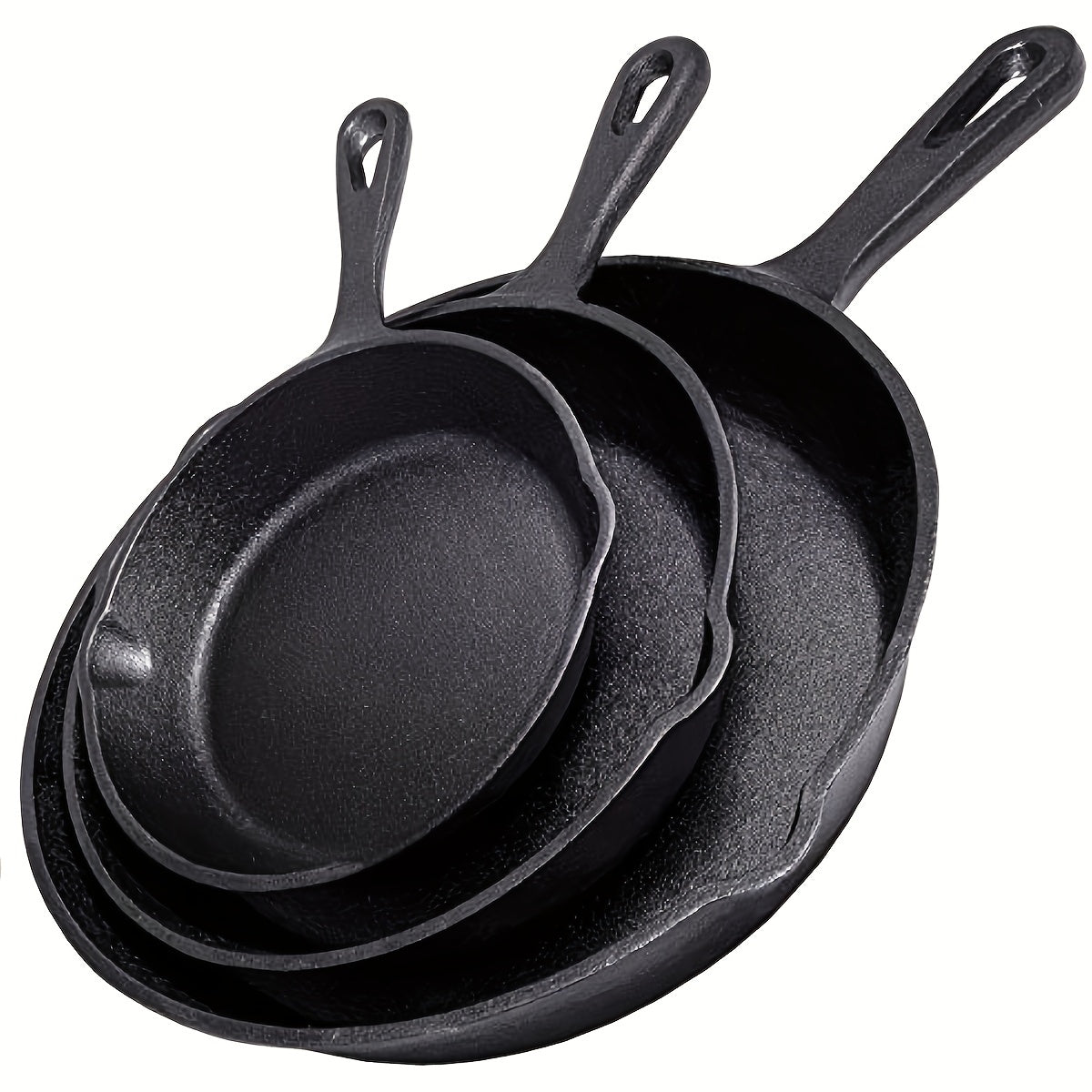 Set of Three Cast Iron Skillets and Frying Pans with Drip Spouts Preseasoned Oven Safe for Camping Indoor Outdoor Cooking