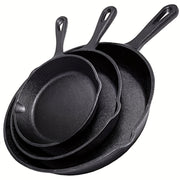 Set of Three Cast Iron Skillets and Frying Pans with Drip Spouts Preseasoned Oven Safe for Camping Indoor Outdoor Cooking