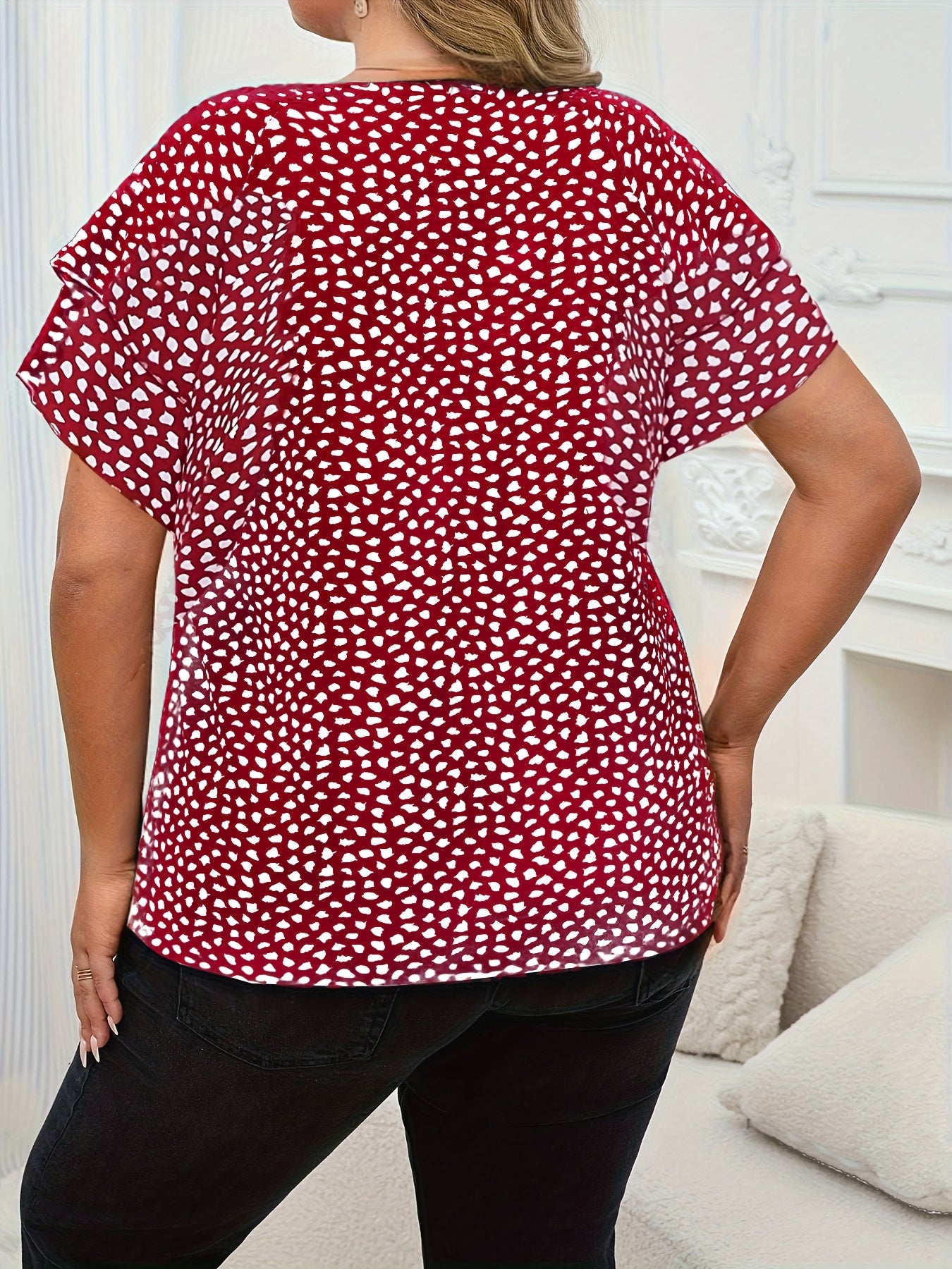 Blusa de manga con volantes de lunares verdes para mujer talla grande, poliéster, casual, primavera y verano