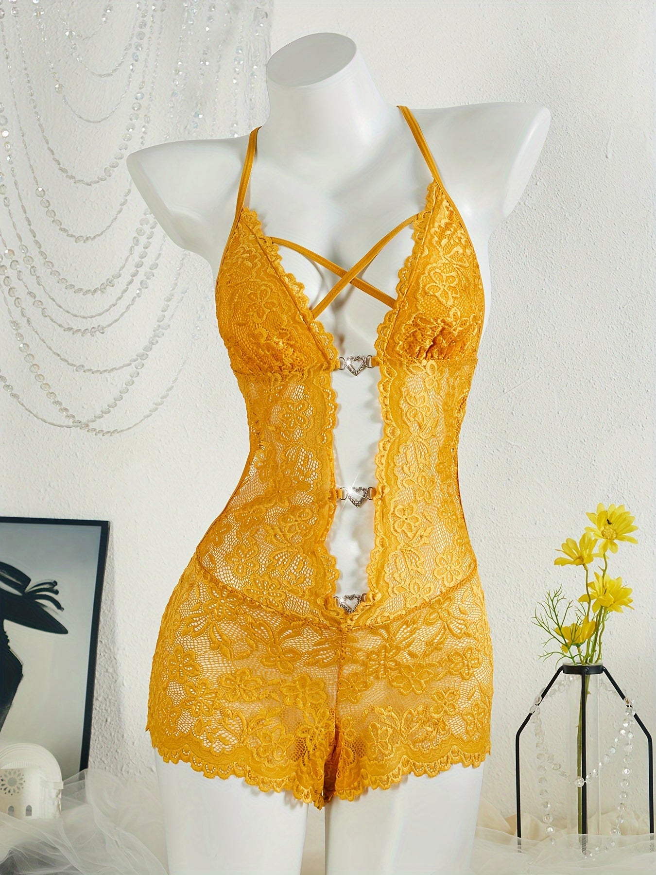 Women's Lace Teddy and Heart Ring Bodysuit Sexy Lingerie