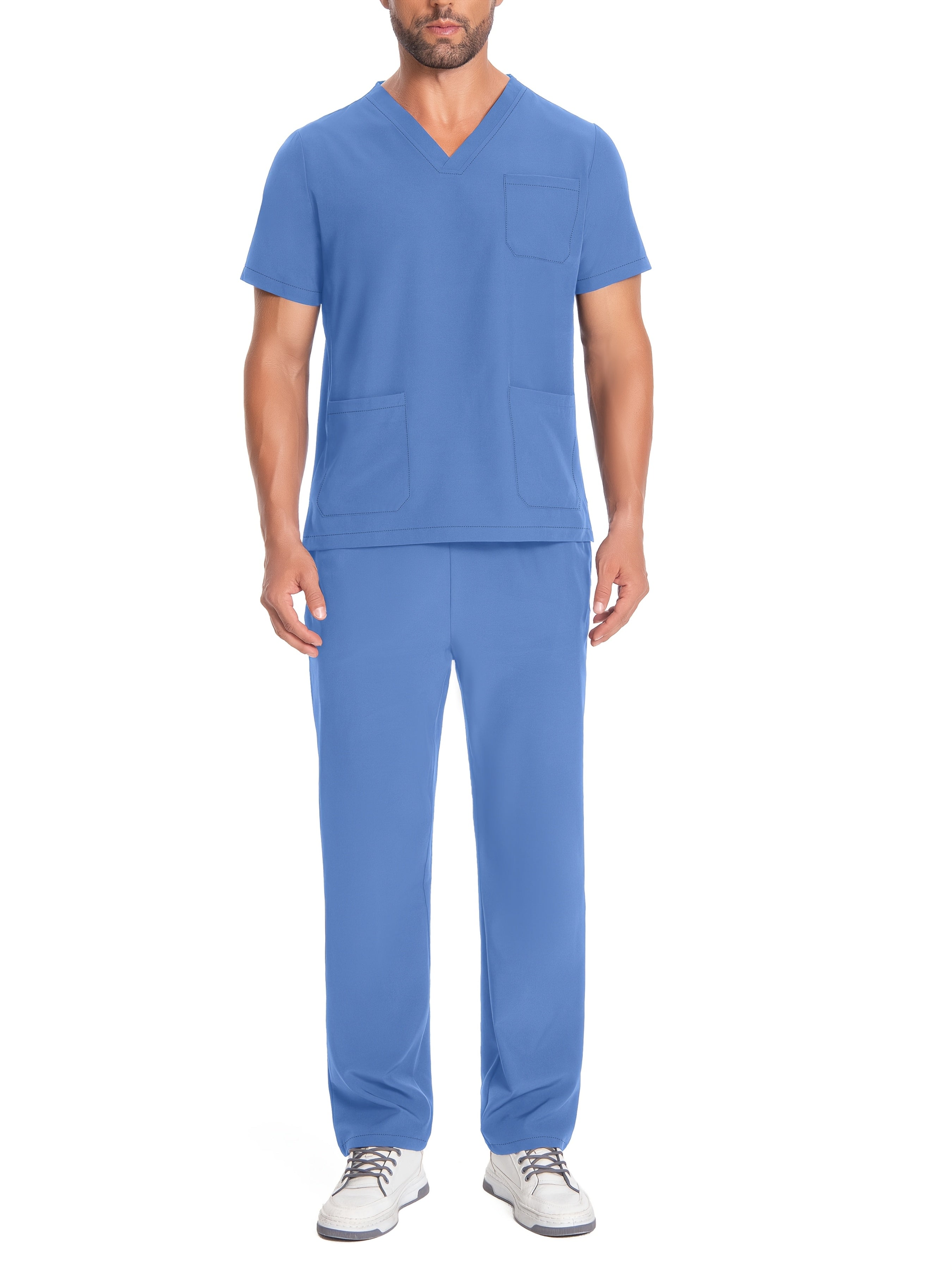 Men's Breathable Polyester Workwear Set V-Neck Top and Pants with Pockets for Pet Grooming and Lab Coats