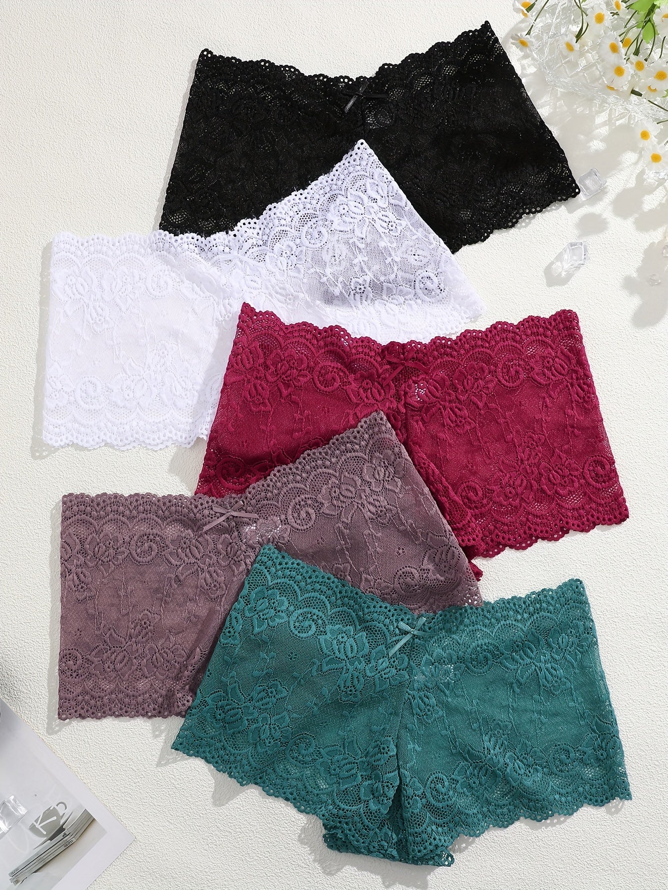 Women's Floral Lace Mid-Rise Panties Solid Color Sexy Knit Shorts Set of 5
