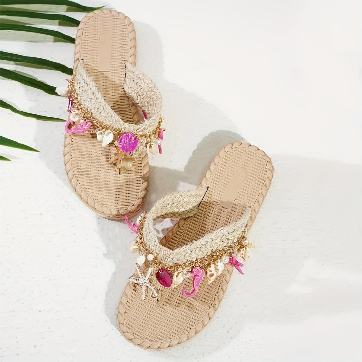 Women's Summer Flat Sandals Slip-On Open-Toe Beach Shoes with Bead Embellishments