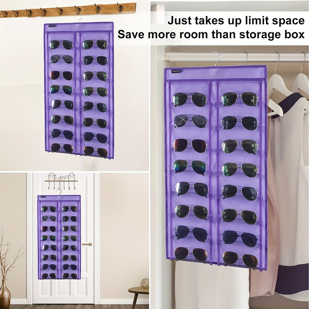 Dual Sided Hanging Sunglasses Organizer with 32 Dustproof Pockets for Home Storage