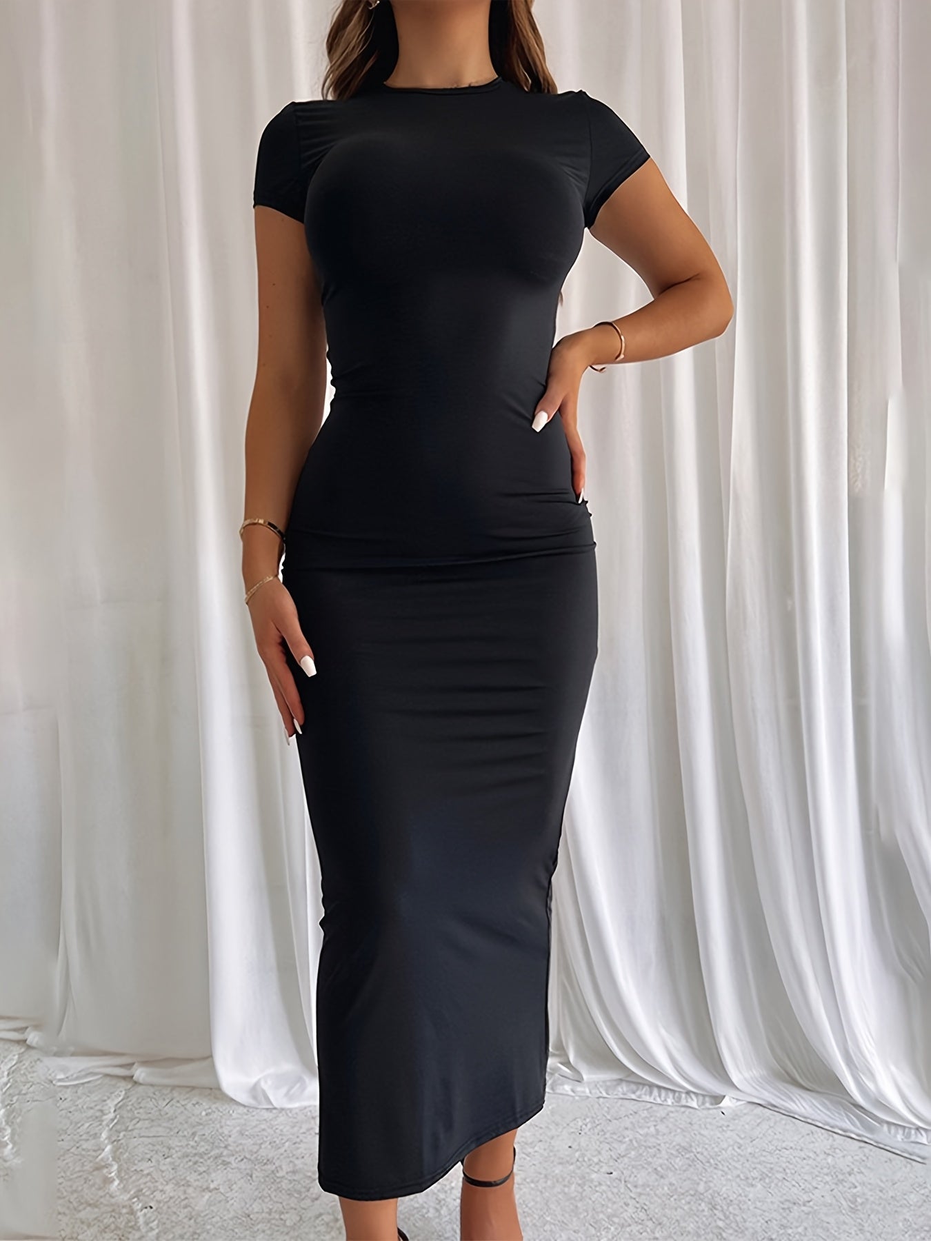 Dark Green Bodycon Midi Dress for Women Short Sleeve Crew Neck Stretch Polyester Elastane Elegant Pencil Skirt Style