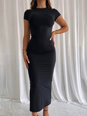 Dark Green Bodycon Midi Dress for Women Short Sleeve Crew Neck Stretch Polyester Elastane Elegant Pencil Skirt Style