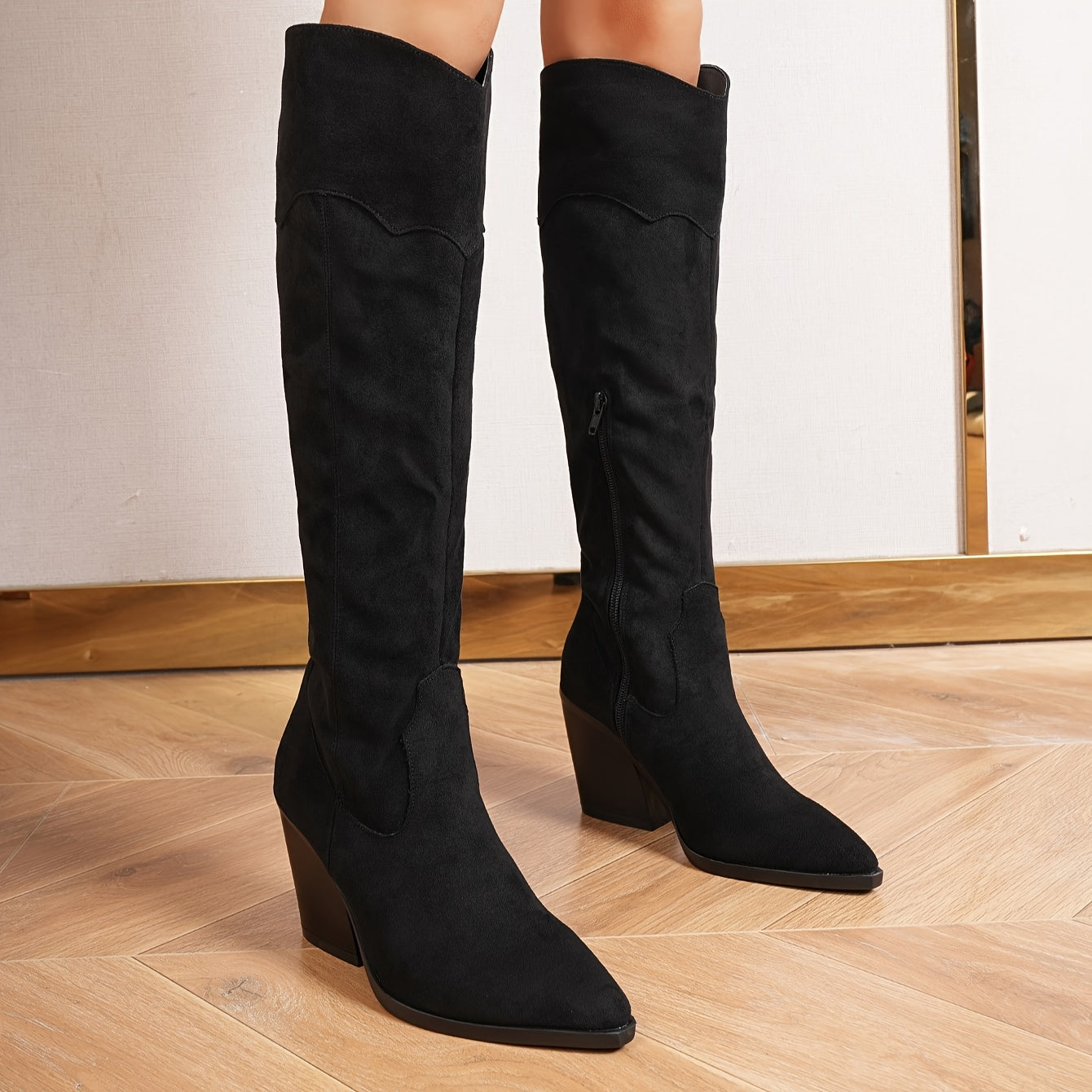 Women's Knee-High Boots with Block Heel and Flannel Upper