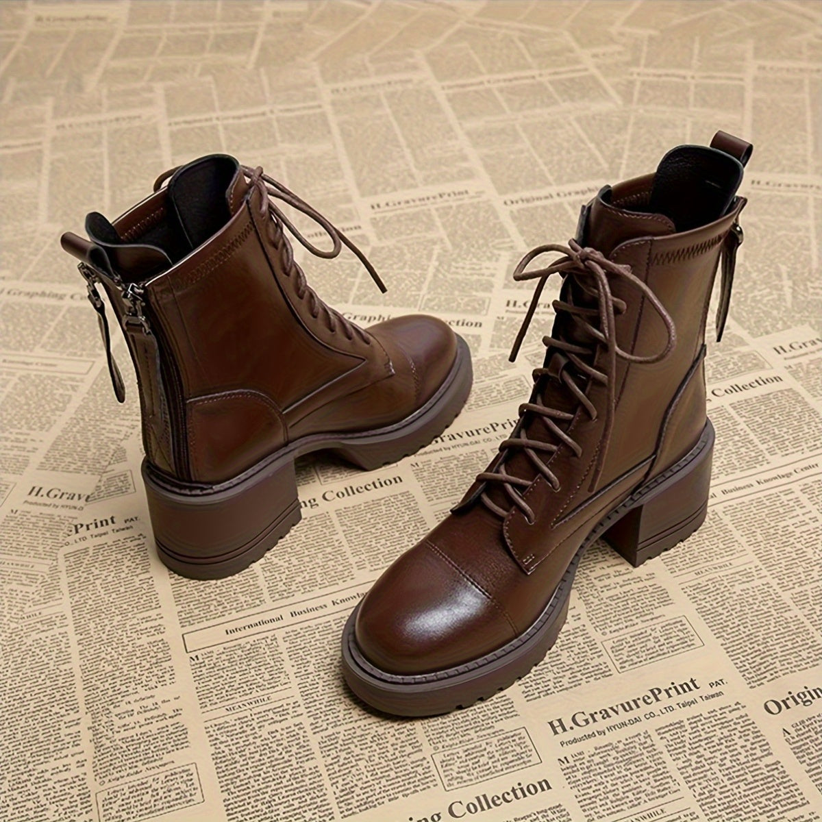 Women's Faux Leather High-Top Lace-Up Boots with Chunky Heels Brown