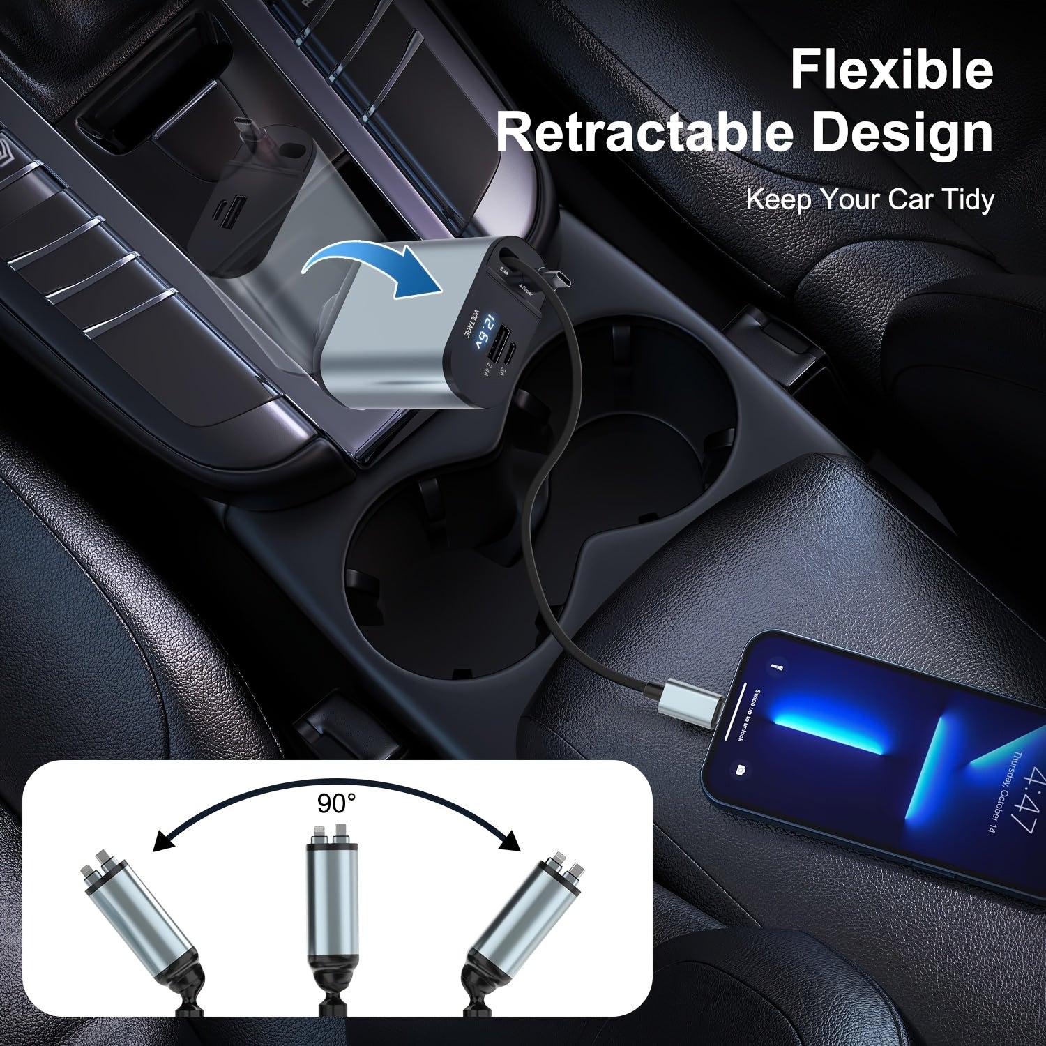 Universal Retractable 66W 4-In-1 Fast Car Charger with USB Ports