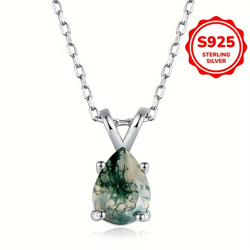 Green Moss Agate Pendant Necklace Sterling Silver Adjustable Chain
