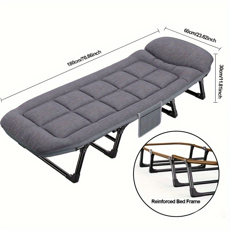 Yostiqli portativ egiluvchan lager karavoti, orqani yotqizuvchi stul, quyma temir ramka, paxta to'siqlari. O'rnatish talab qilinmaydi, uyda, ofisda, plyajda, bog'da yoki baliq ovlash sayohatlarida mukammal.
