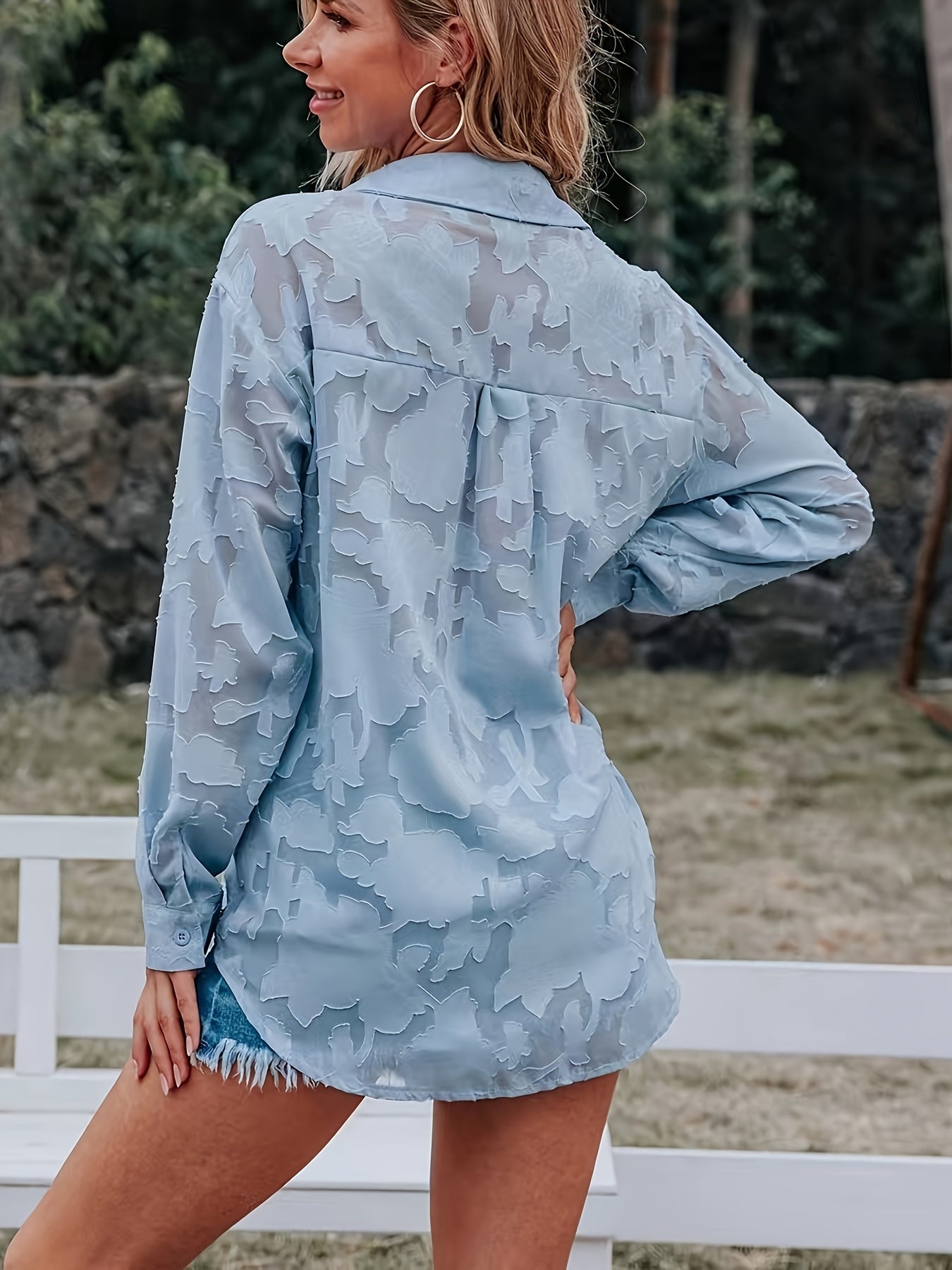 Jacquard Sheer Loose Blouse for Women with Long Sleeves and Embroidered Details