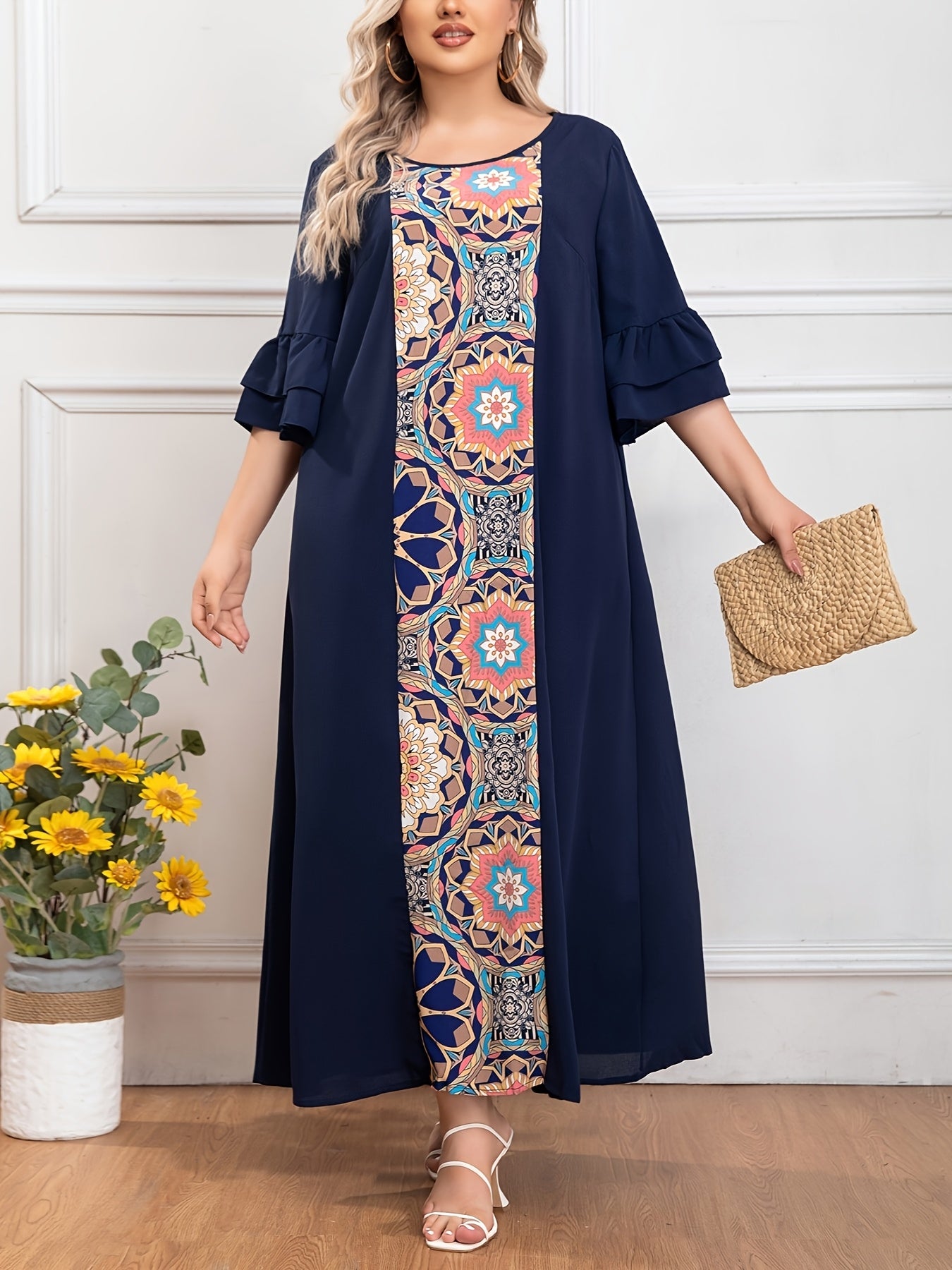 Plus Size Women's Loose Fit Crepe Dress With Vibrant Print All-Season Comfort